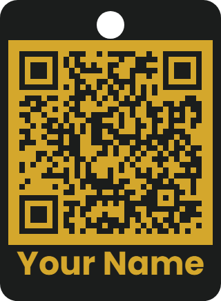 Keychain: gold QR code on black, with Your Name below and a ring hole